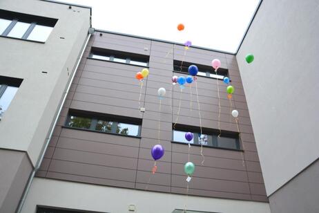 bunte Luftballons steigen an einer Schulhausfront hinauf