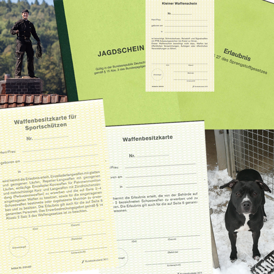 Symbolbild jagd-, waffen- und sprengstoffrechtlicher Erlaubnisse, Hund, Schornsteinfeger