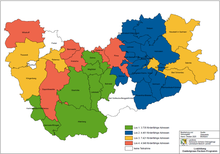 Teilnehmende Kommunen am Dunkelgraue-Flecken-Programm aufgeschlüsselt in Ausbaulose