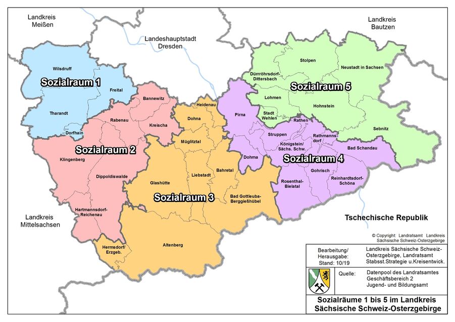 Darstellung der Sozialräume 1 bis 5 des Landkreises Sächsische Schweiz-Osterzgebirge