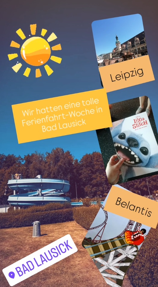 Bild mit Motiven einer Ferienfahrt, Wasserrutsche, Achterbahn, Spaß im Sommer