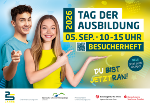 Auf dem Bild sind zwei junge Menschen zu sehen, die ermuntern, die Messe zu besuchen.