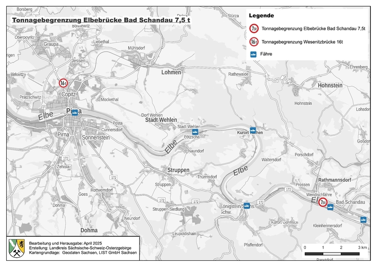 Karte von Pirna bis Bad Schandau mit Tonnagebegrenzungen