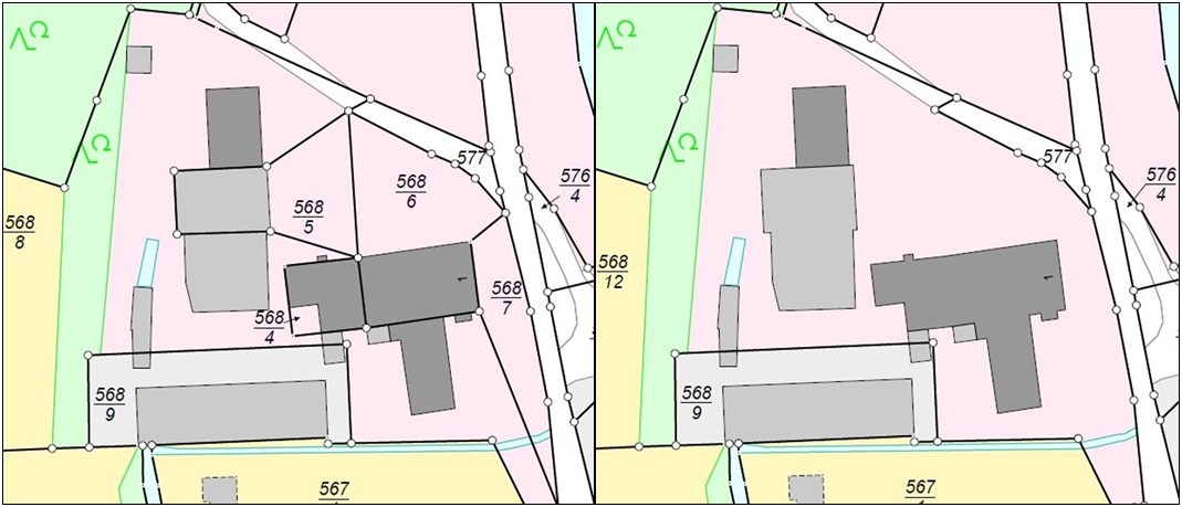 Liegenschaftskarte vor und nach der Verschmelzung