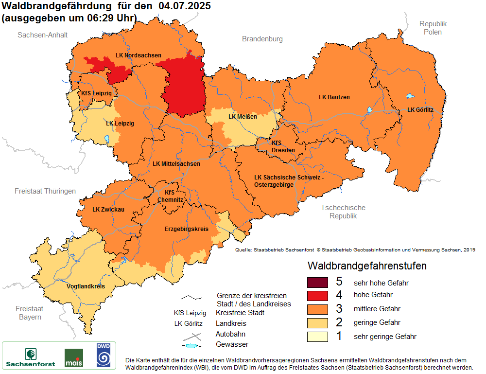 Karte Waldbrandgefahrenstufen vom 4.7.2025