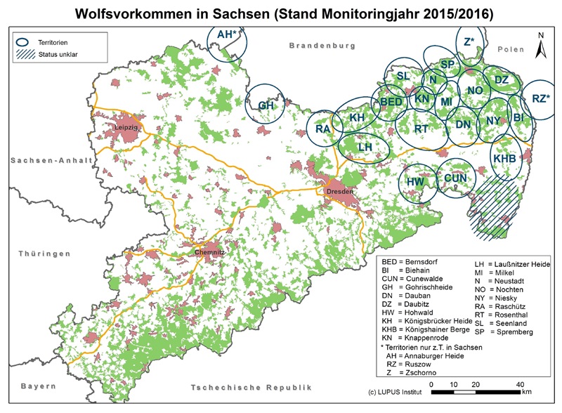 Wolfsvorkommen in Sachsen (Stand Monitoringjahr 2015/2016)
