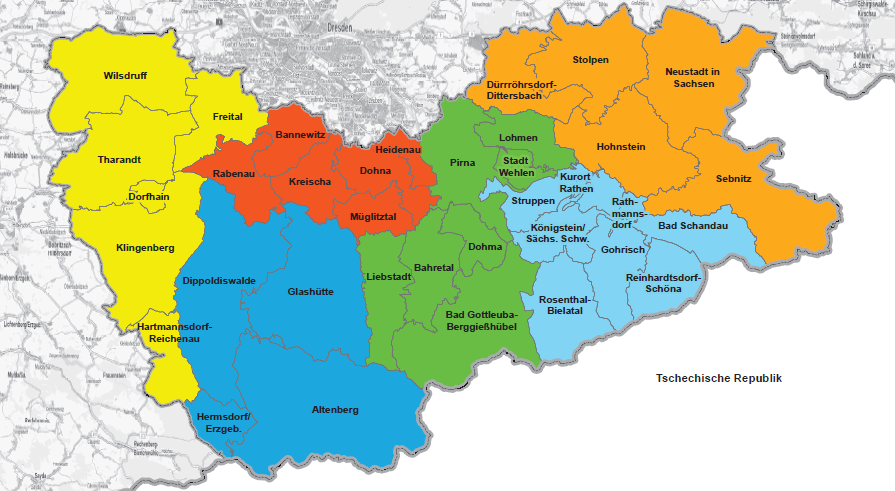 Karte des Landkreisgebietes mit farbig gekennzeichneten Inspektionsbereichen. Alle in der Karte enthaltenen Informationen sind in der untenstehenden Übersicht barrierefrei aufgearbeitet.
