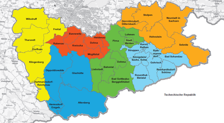 Karte des Landkreisgebietes mit farbig gekennzeichneten Inspektionsbereichen. Alle in der Karte enthaltenen Informationen sind in der untenstehenden Übersicht barrierefrei aufgearbeitet.
