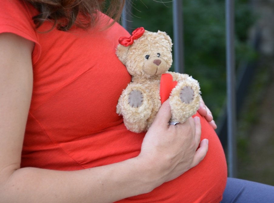 Oberkörper einer schwangeren mit Plüschtier Teddy vor dem Bauch